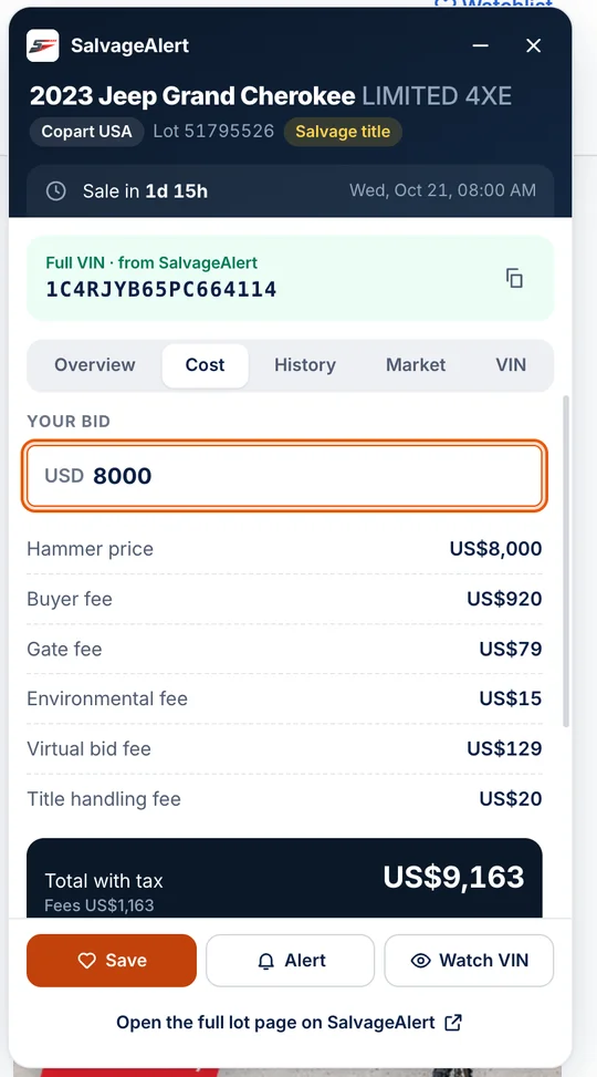 The cost tab, with every auction fee added up for a bid
